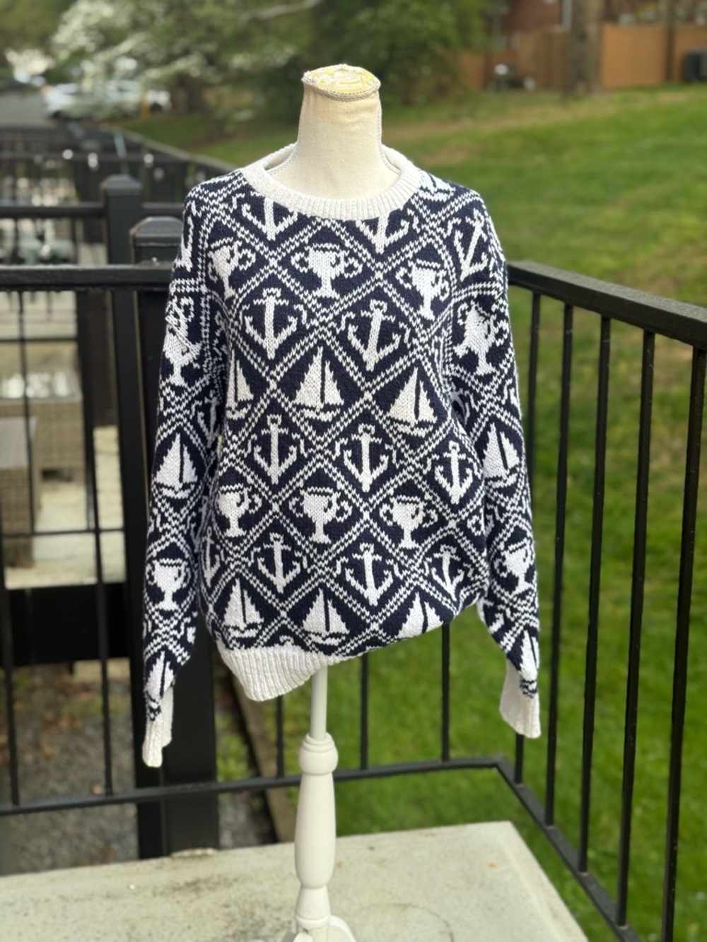 Lands' End Navy and White Nautical Jacquard Crewneck Sweater 100% Cotton Size L